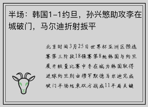 半场：韩国1-1约旦，孙兴慜助攻李在城破门，马尔迪折射扳平